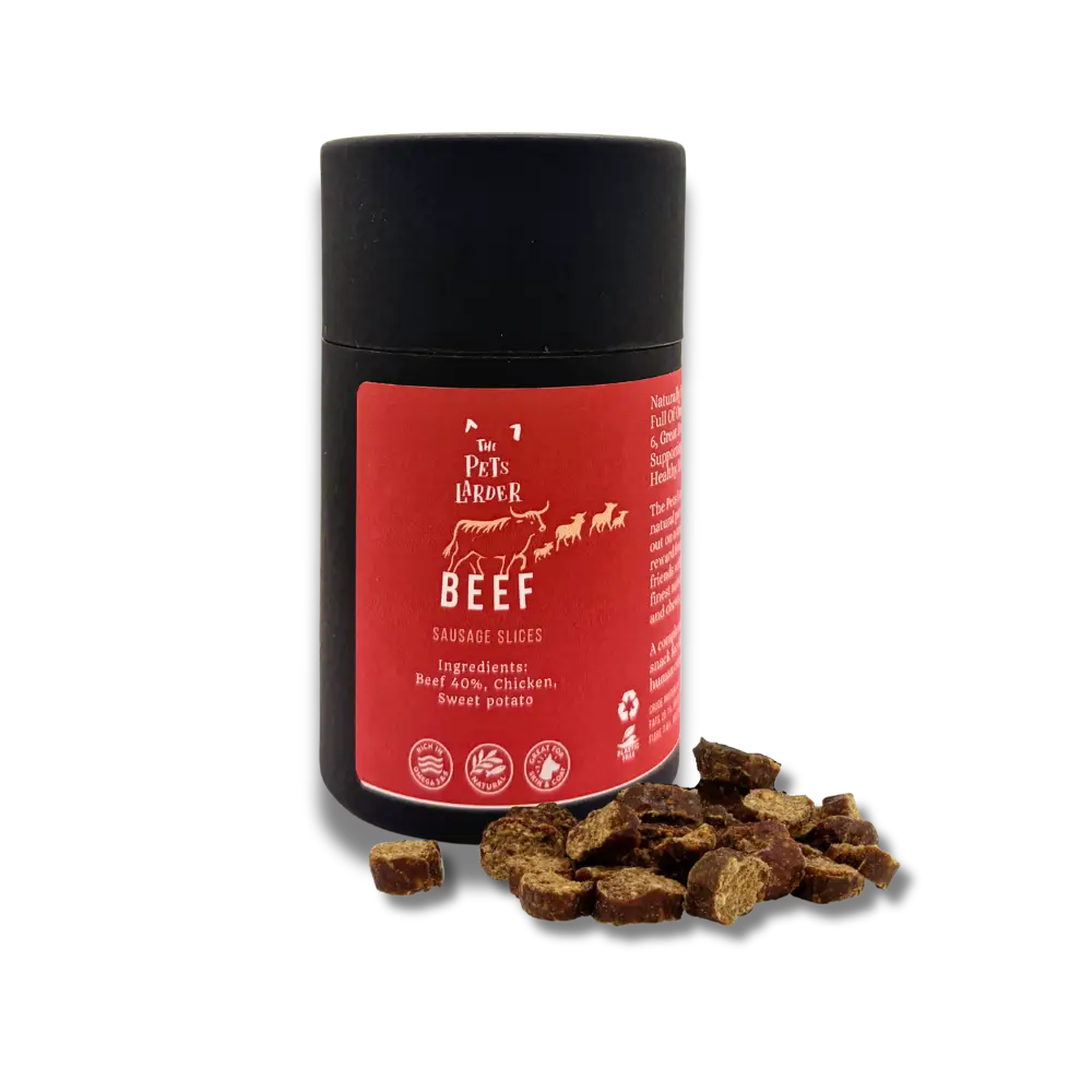 Red gourmet beef sausage slices in black and red Beef Feast container