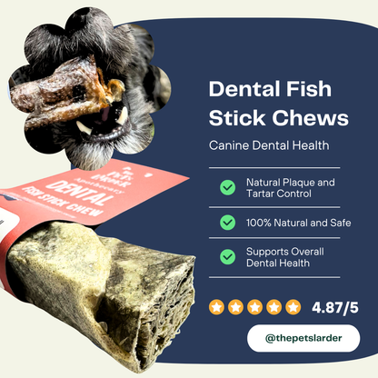 Dental Fish Stick Chews for canines with a dog eating one, product packaging, and brand information.