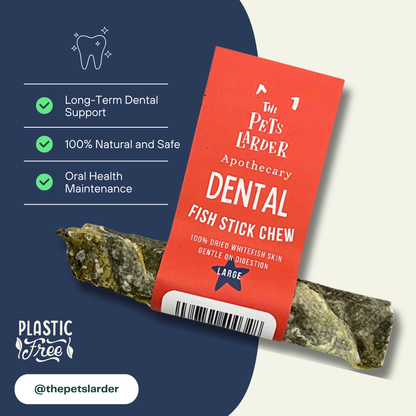 Red package of 'The Pet's Larder' dental fish stick chew with text on a blue and white background.