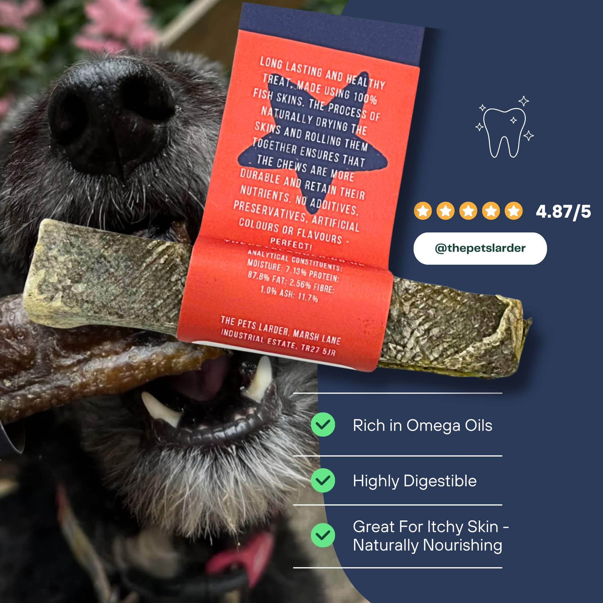 Dog chewing on a treat with a product label and rating displayed.