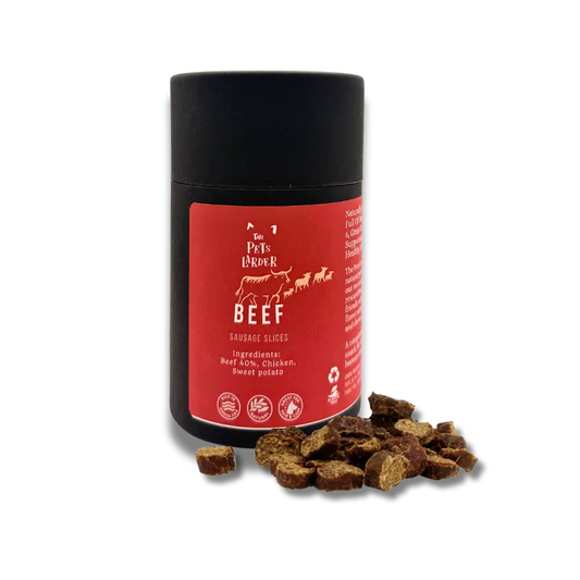Red gourmet beef sausage slices in black and red Beef Feast container