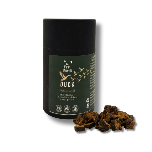 Gourmet duck sausage bites in dark green jar with bird illustrations