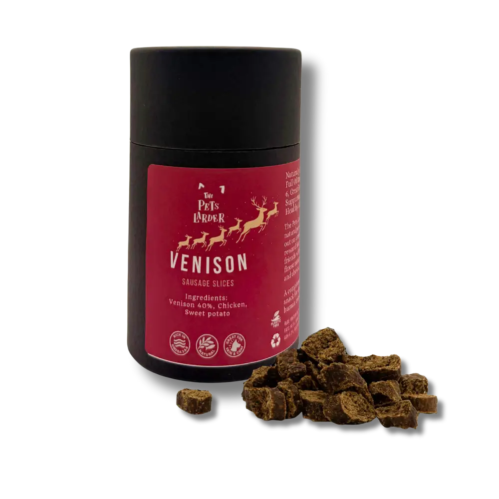 Festive Venison Slices in red black reindeer container