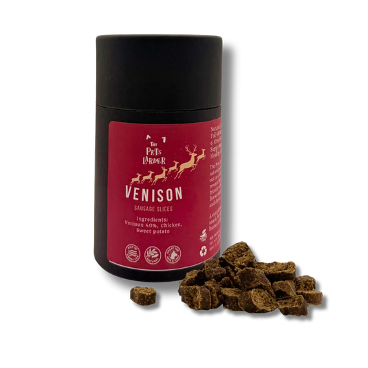 Festive Venison Slices in red black reindeer container