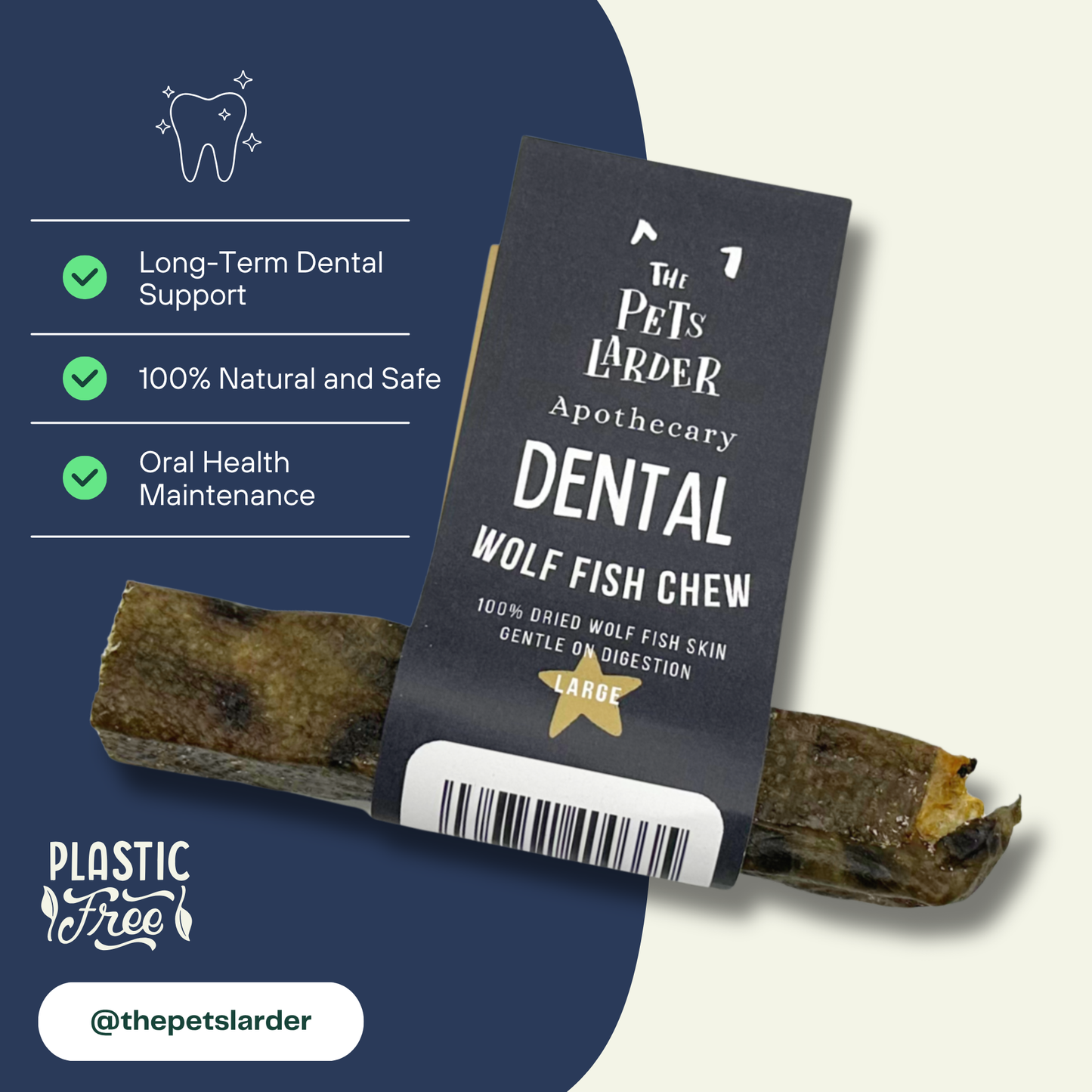 Wolf Fish Dental Chew for dogs sat on a background with health benefits to the left
