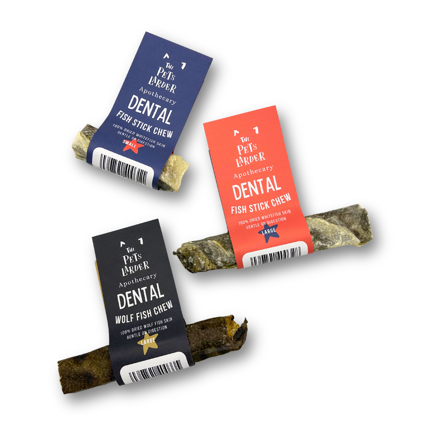 Three dental fish stick chews with their respective labels on a white background