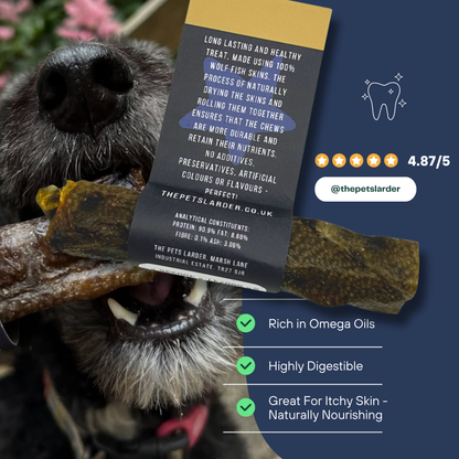 Dog chewing on a treat with product details overlay