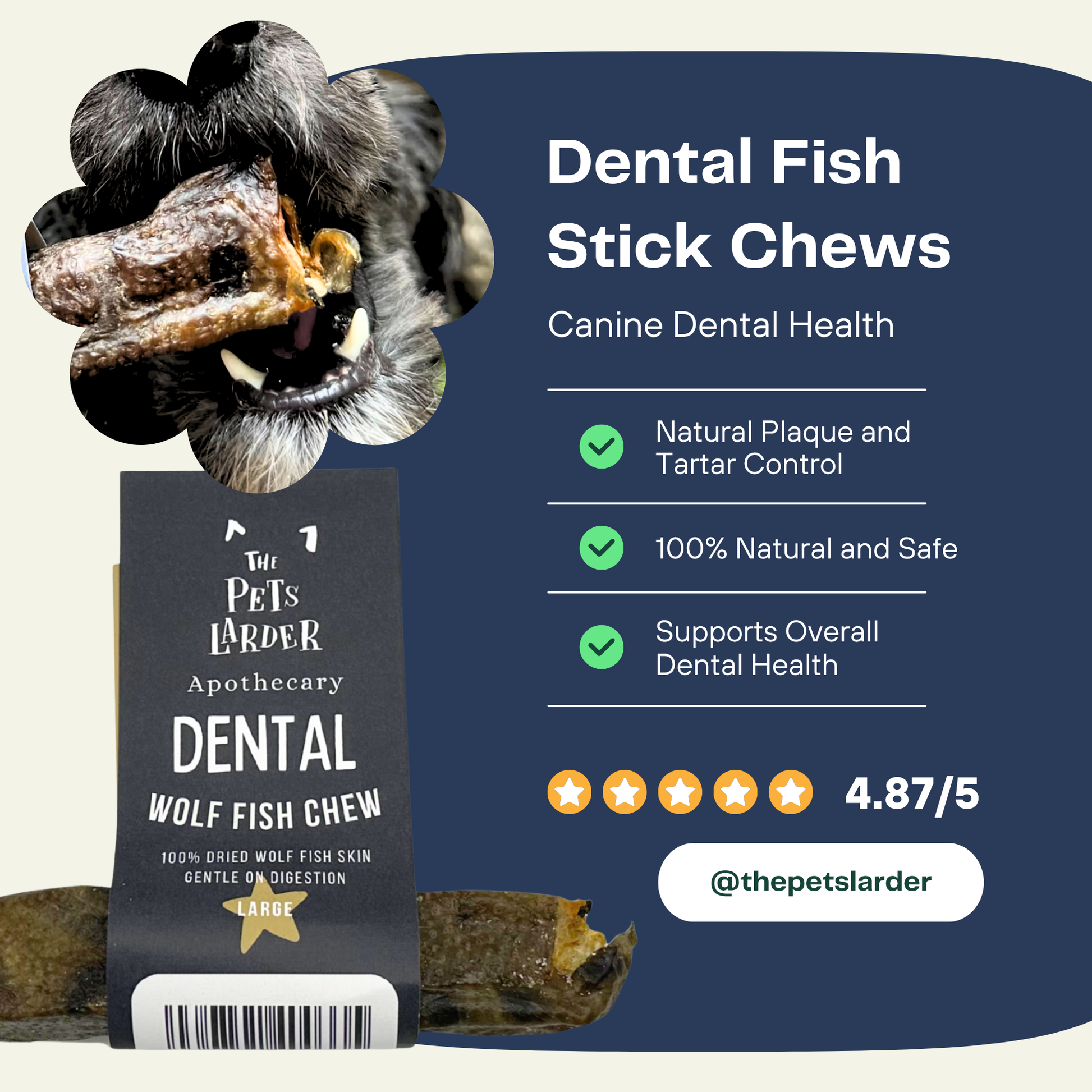 Dental Fish Stick Chews for dogs with a dog eating a chew, product packaging, and brand information on a blue background.