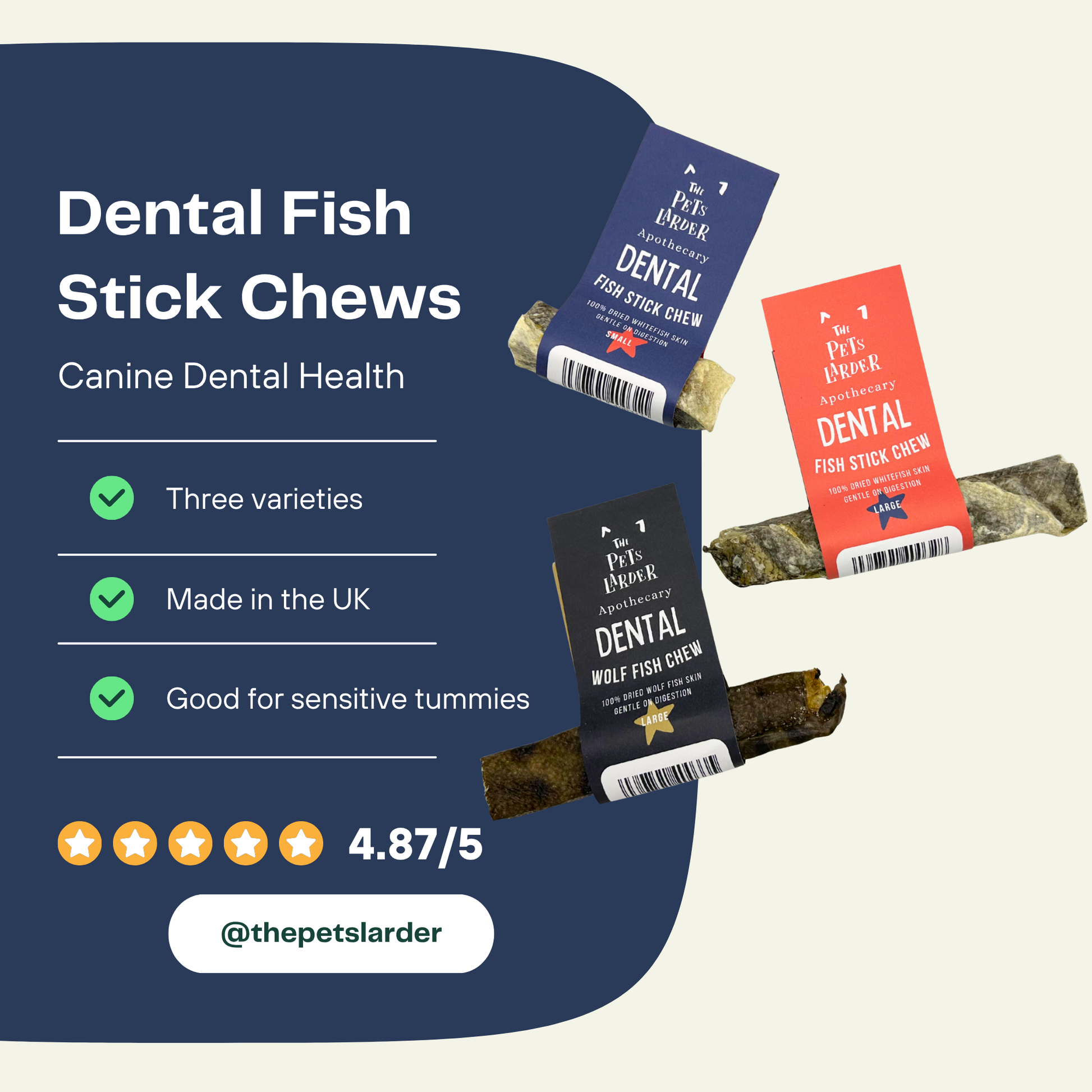 Dental Fish Stick Chews for canines with product packaging and features listed.