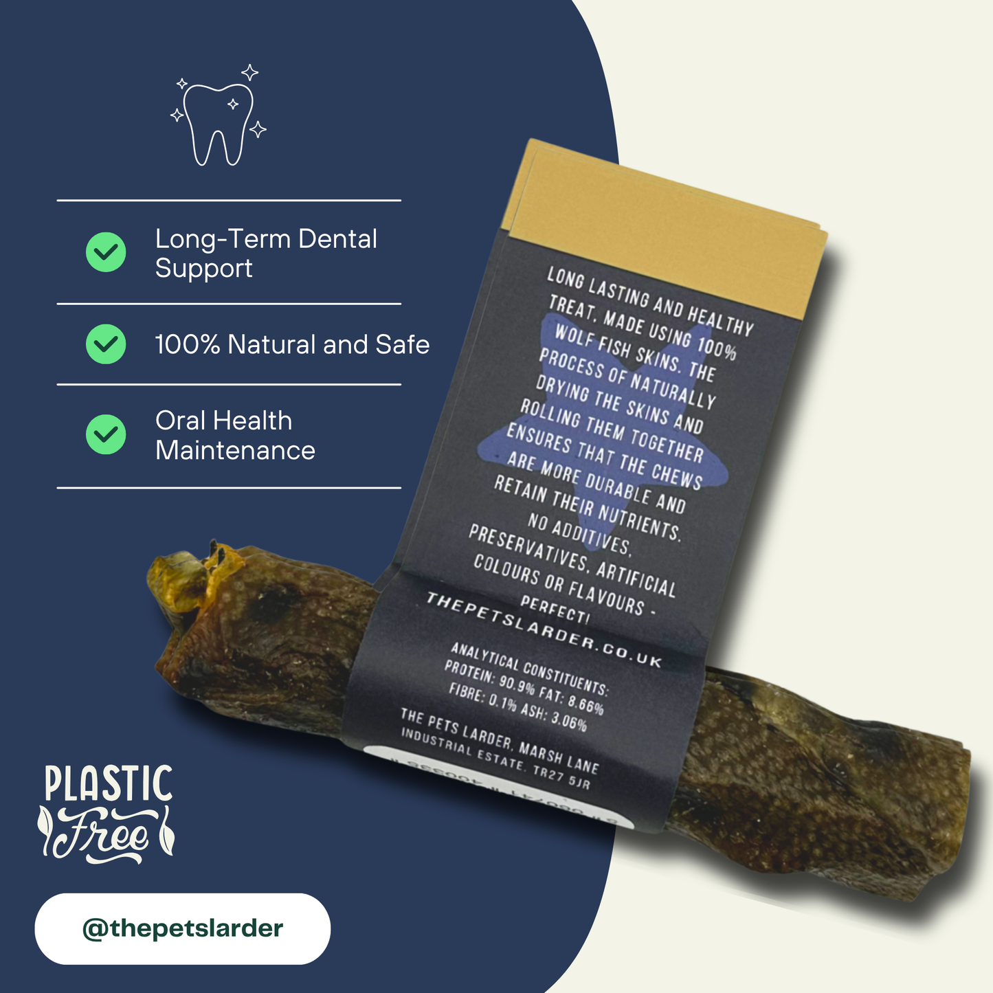 Wolf Fish Stick Chew on a background with health benefits to the left