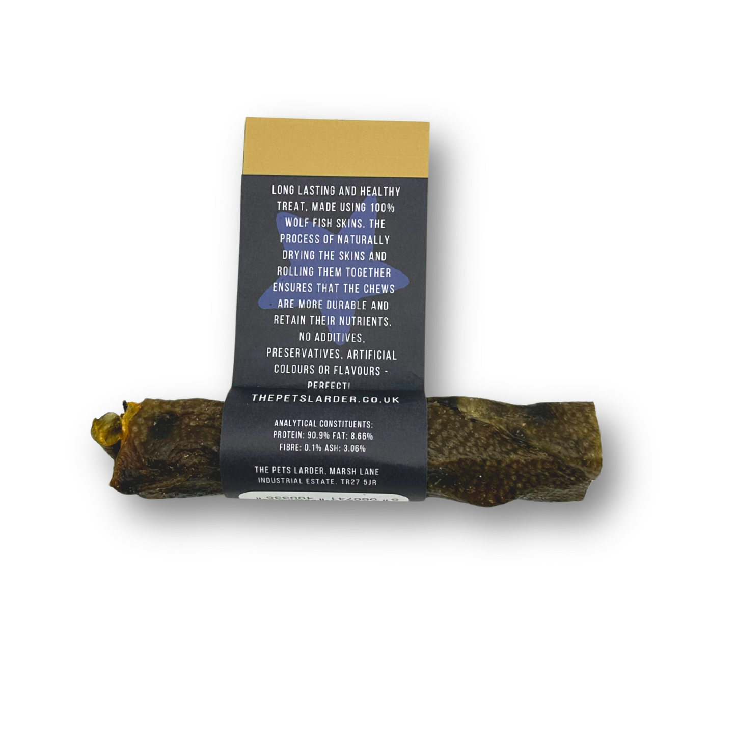 Wolf Fish Stick Chew for dogs sits on a white background