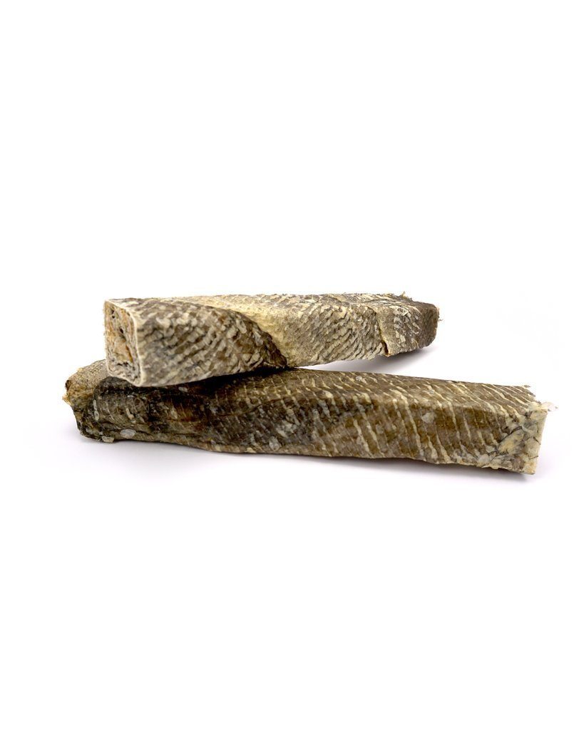 Two large fish stick chews for dogs placed on a white background.