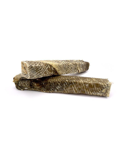 Two large fish stick chews for dogs placed on a white background.